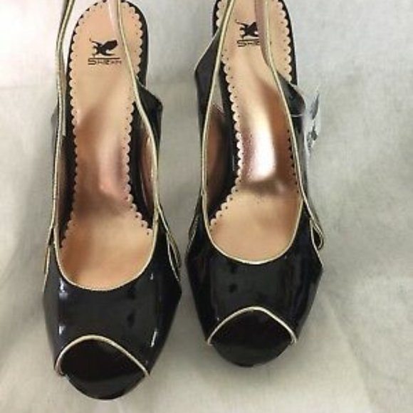 ASOS x Shiekh Gold Bow Peep Toe Black Heels - Picture 1 of 7